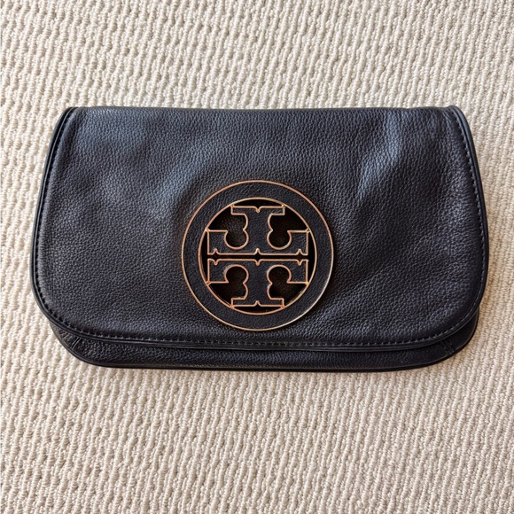 Tory Burch Handbags - Tory Burch Black Leather Logo Miller Clutch with Gold Emblem